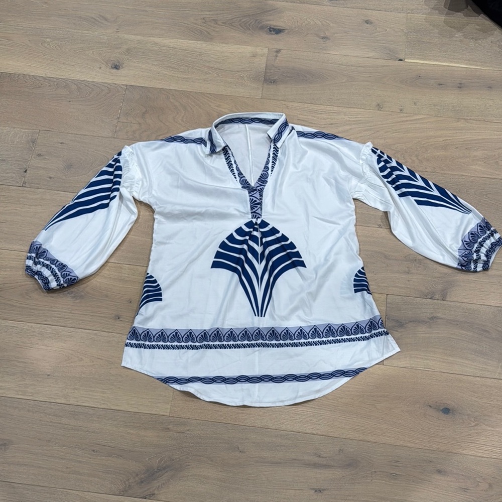 White and Blue Graphic Polo Swim Coverup